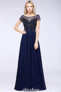 Elegant A-Line Short Sleeve Appliques Beads Bridesmaid Dresses Floor-Length Evening Dress by misshow.com