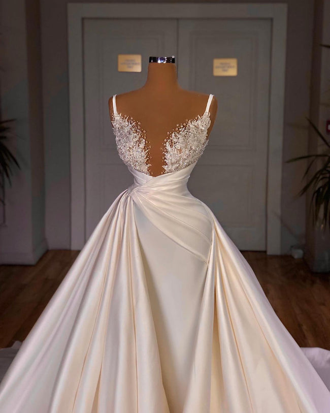 Elegant A-Line Sleeveless Spaghetti Strap Cathedral V-neck Long Wedding Dress Main Image