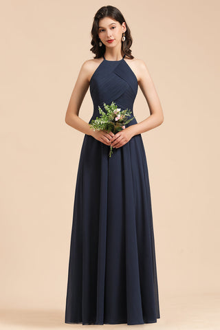 Elegante vestido de dama de honor de gasa con encaje, escote en V, sin mangas y corte A 