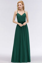 Elegant A-line Spaghetti Chiffon Bridesmaid Dresses V-neck Evening Maxi Gown
