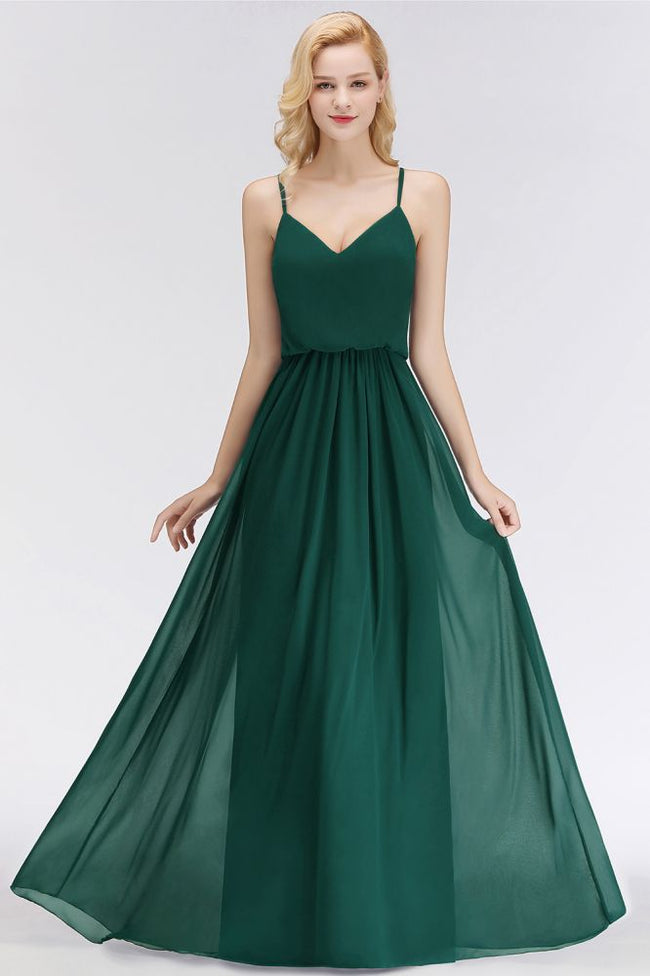 Elegant A-line Spaghetti Chiffon Bridesmaid Dresses V-neck Evening Maxi Gown Hover Image