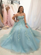 Elegant A-line Strapless Tulle Lace Formal Graduation Dresses Long Prom Gowns by BIZTUNNEL