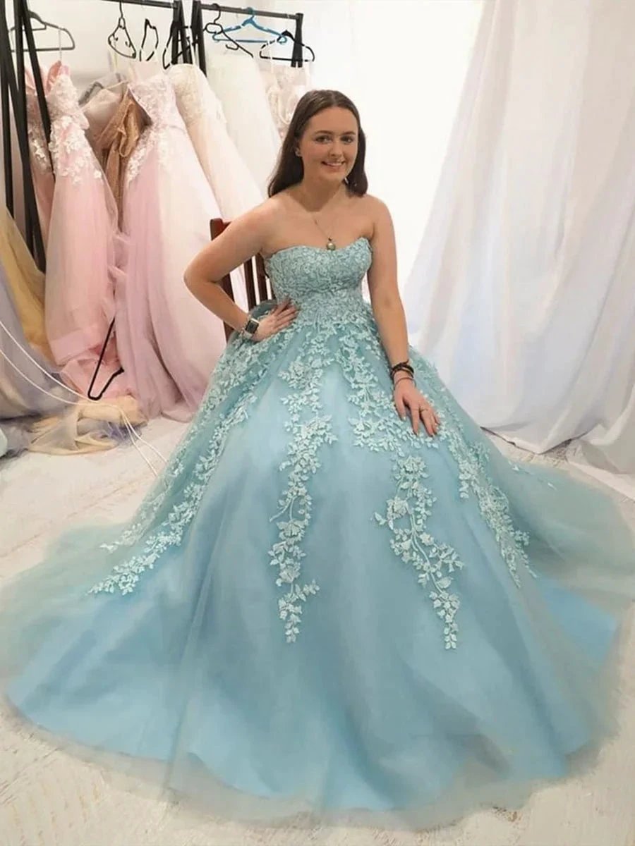 Elegant A-line Strapless Tulle Lace Formal Graduation Dresses Long Prom Gowns by BIZTUNNEL