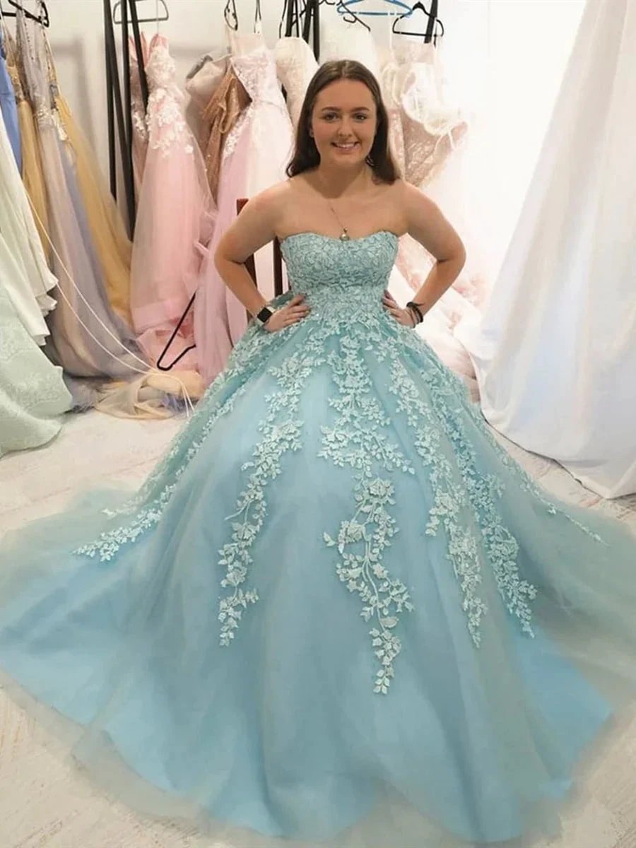 Elegant A-line Strapless Tulle Lace Formal Graduation Dresses Long Prom Gowns by BIZTUNNEL
