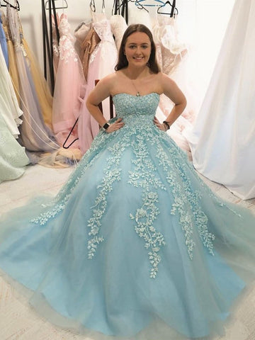 Elegantes vestidos de graduación formales de tul sin tirantes de corte A y encaje, vestidos largos de fiesta
