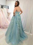 Elegant A-line Strapless Tulle Lace Formal Graduation Dresses Long Prom Gowns by BIZTUNNEL