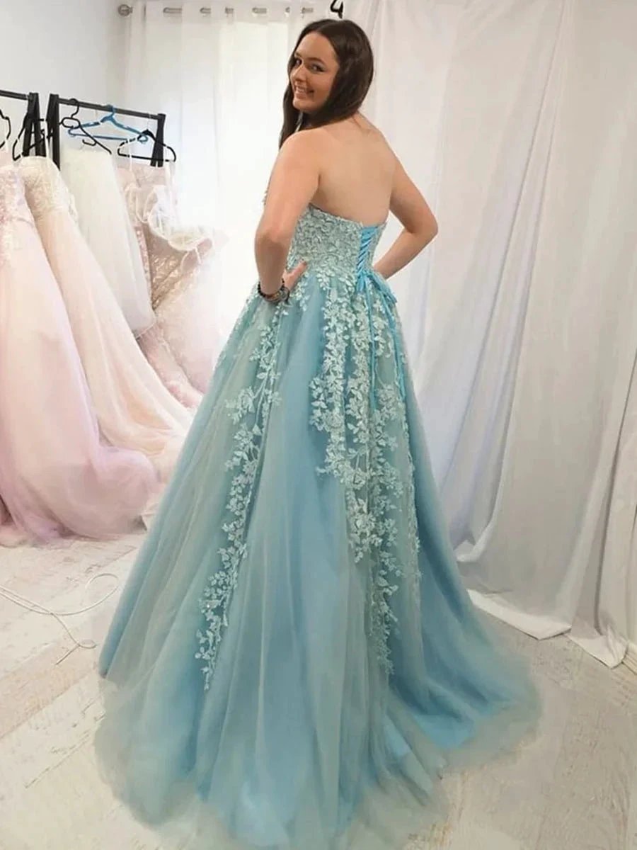 Elegant A-line Strapless Tulle Lace Formal Graduation Dresses Long Prom Gowns by BIZTUNNEL