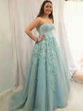Elegant A-line Strapless Tulle Lace Formal Graduation Dresses Long Prom Gowns by BIZTUNNEL