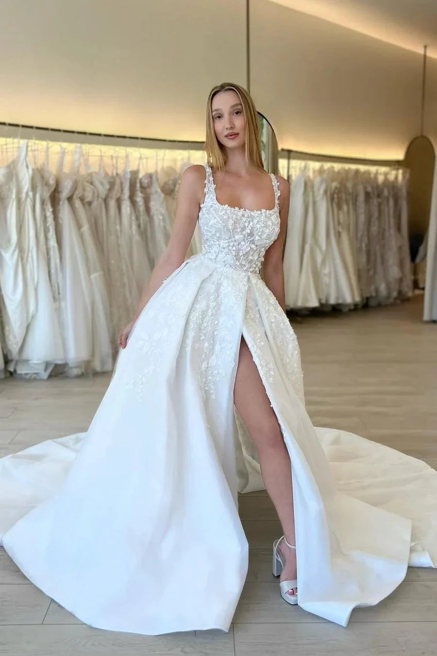 Elegant A-line Straps Flowers Sleeveless Lace Wedding Dress With Slit by misshow.com