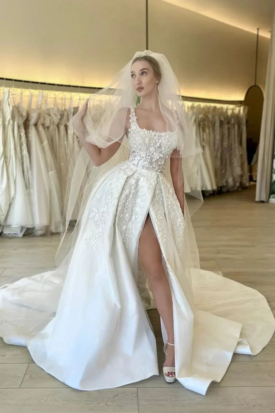 Elegant A-line Straps Flowers Sleeveless Lace Wedding Dress With Slit by misshow.com