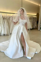 Elegant A-line Straps Flowers Sleeveless Lace Wedding Dress With Slit by misshow.com