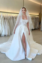Elegant A-line Straps Flowers Sleeveless Lace Wedding Dress With Slit by misshow.com