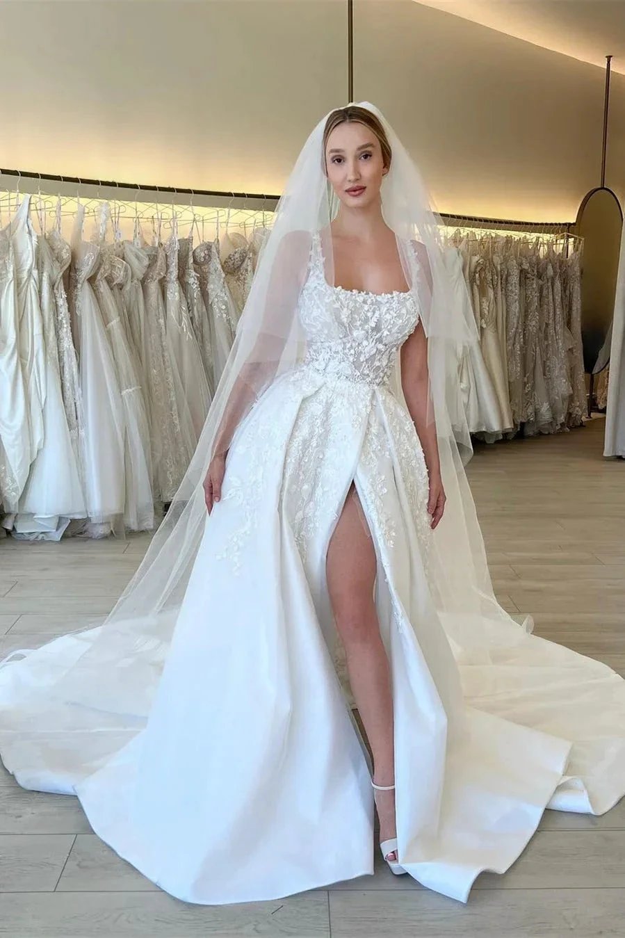 Elegant A-line Straps Flowers Sleeveless Lace Wedding Dress With Slit by misshow.com