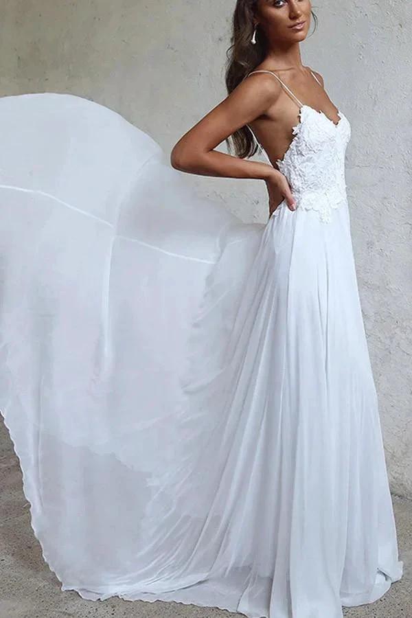 Elegant A-line Straps White Long Chiffon Beach Wedding Dress WD102 by pgmdress