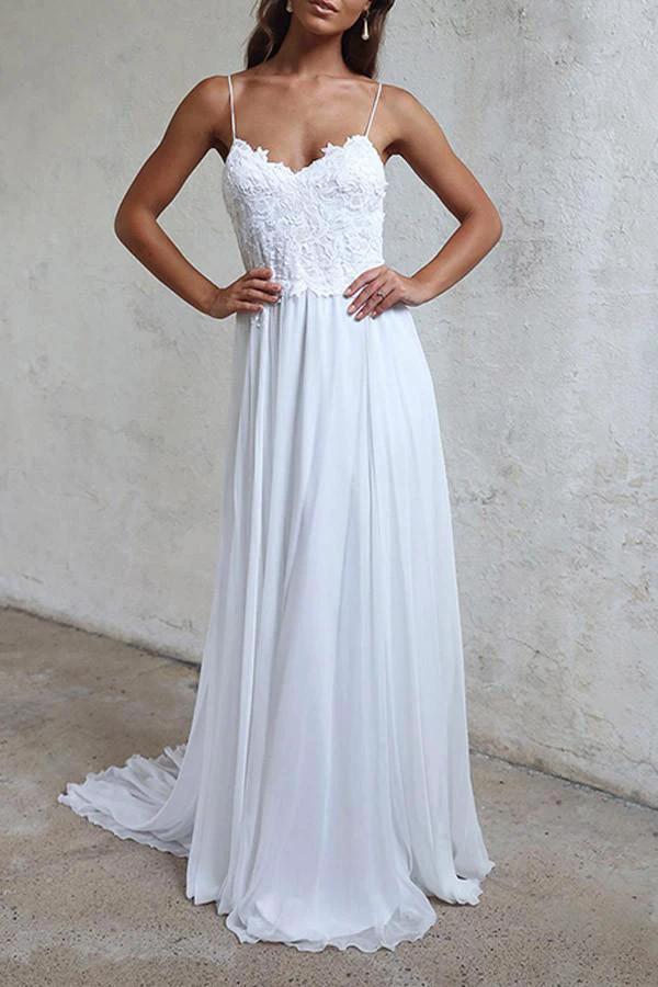 Elegant A-line Straps White Long Chiffon Beach Wedding Dress WD102 by pgmdress