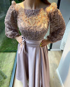 Elegant A-line Stretch Satin Front Slit Prom Dress with Sleeves by BIZTUNNEL