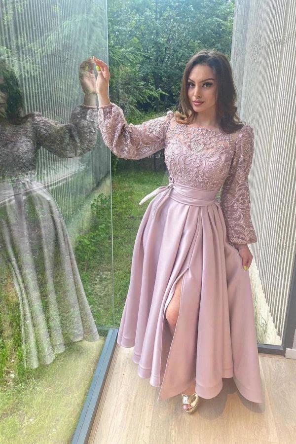 Elegant A-line Stretch Satin Front Slit Prom Dress with Sleeves by BIZTUNNEL