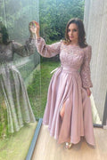 Elegant A-line Stretch Satin Front Slit Prom Dress with Sleeves by BIZTUNNEL