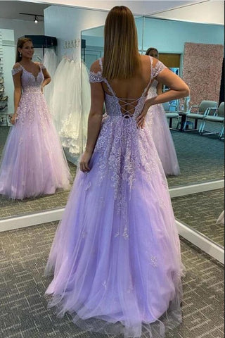 Elegante vestido de fiesta largo sin espalda de tul con encaje y escote en forma de A