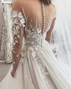 Elegant A-Line Sweetheart Long Sleeve Appliques Lace Tulle Wedding Dress by BIZTUNNEL