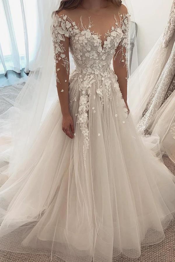 Elegant A-Line Sweetheart Long Sleeve Appliques Lace Tulle Wedding Dress by BIZTUNNEL