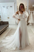 Elegant A-line Tull Lace Split Wedding Dress With Sleeves by misshow.com