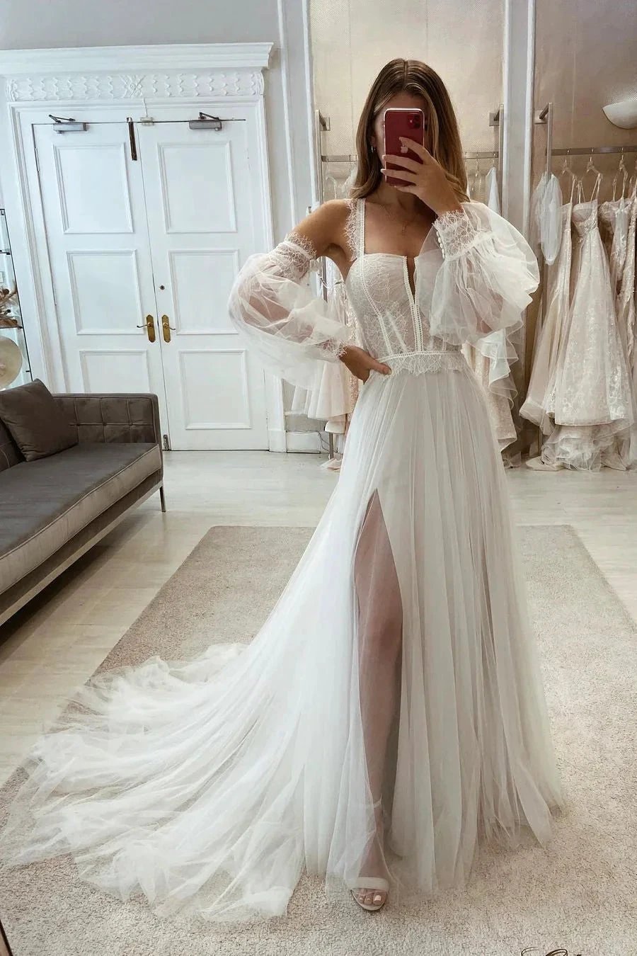Elegant A-line Tull Lace Split Wedding Dress With Sleeves by misshow.com