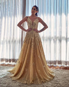 Elegant A-line V-neck Appliques Lace Sequins Long Prom Dress by BIZTUNNEL