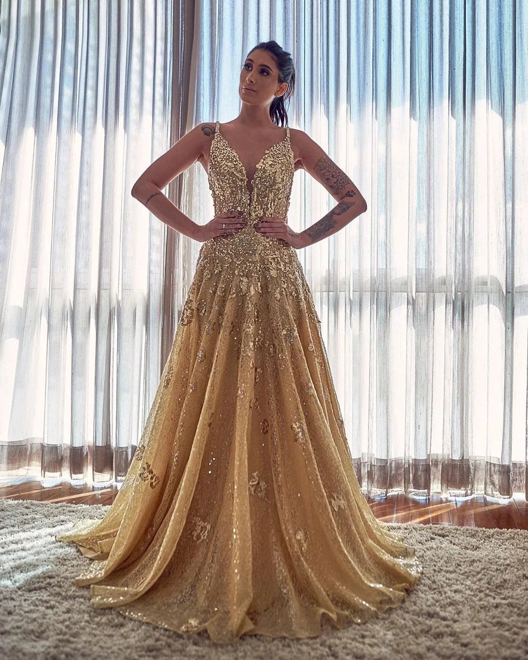 Elegant A-line V-neck Appliques Lace Sequins Long Prom Dress by BIZTUNNEL