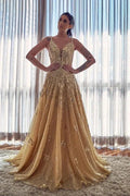 Elegant A-line V-neck Appliques Lace Sequins Long Prom Dress by BIZTUNNEL