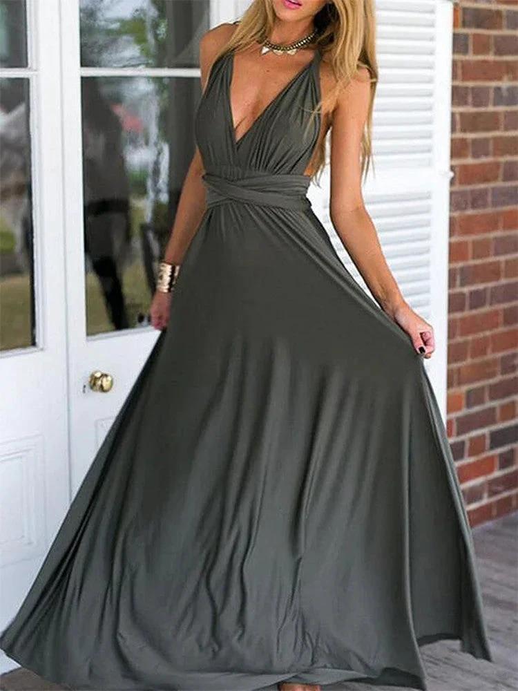 Elegant A Line V Neck Backless Grey Long Prom Formal Evening Dresses by BIZTUNNEL