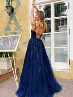 Elegant A Line V Neck Backless Lace Long Prom Dresses Dark Navy Formal Evening Gowns by BIZTUNNEL