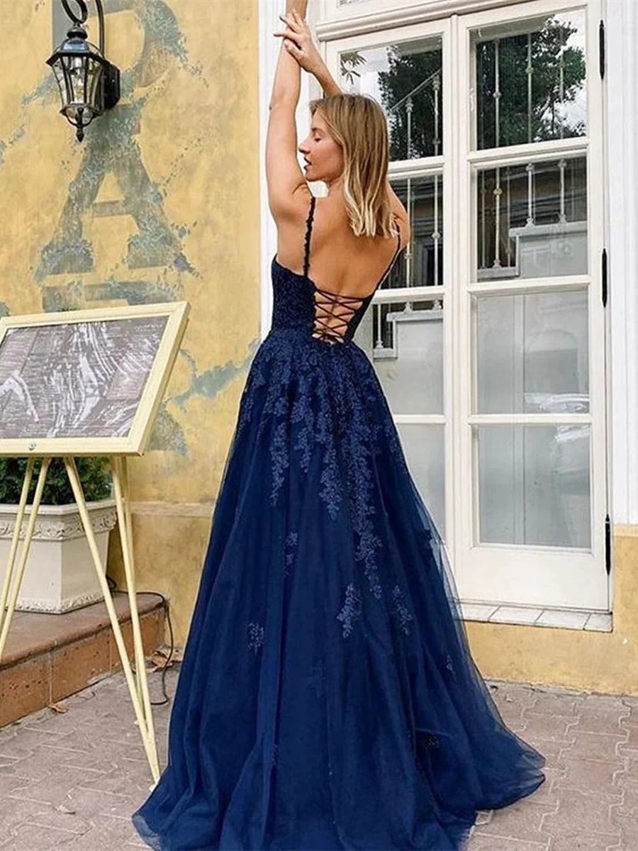 Elegant A Line V Neck Backless Lace Long Prom Dresses Dark Navy Formal Evening Gowns by BIZTUNNEL