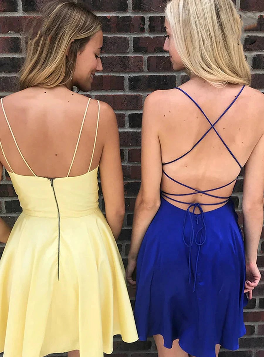 Elegant A Line V Neck Backless Short Prom Homecoming Dresses by BIZTUNNEL