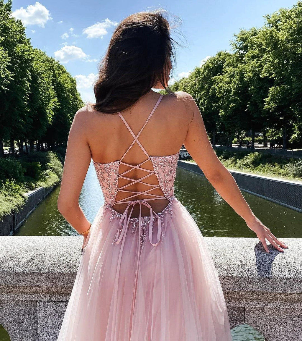 Elegant A-line V-neck Beading Tulle Long Prom Dress Backless by BIZTUNNEL