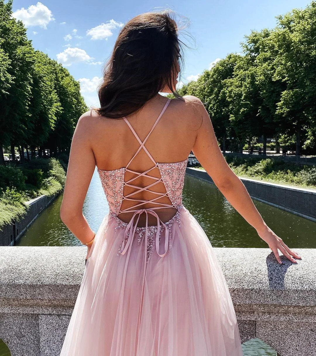 Elegant A-line V-neck Beading Tulle Long Prom Dress Backless by BIZTUNNEL