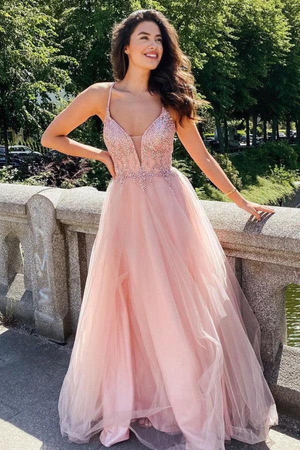 Elegant A-line V-neck Beading Tulle Long Prom Dress Backless by BIZTUNNEL