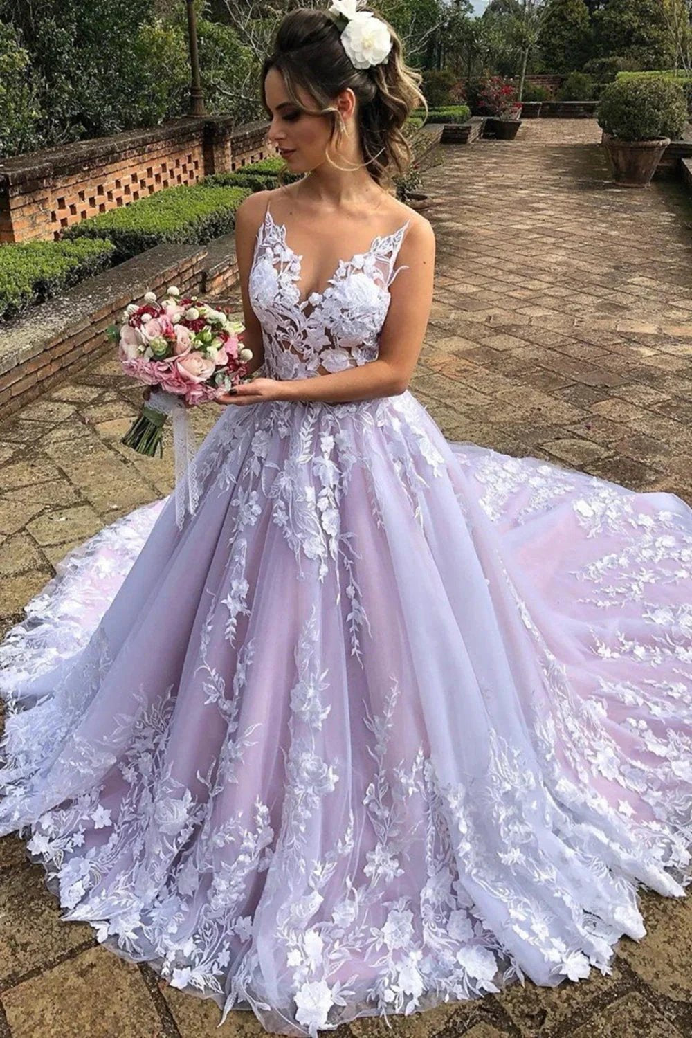 Elegant A-line V Neck Lace Open Back Long Prom Formal Evening Dresses by BIZTUNNEL