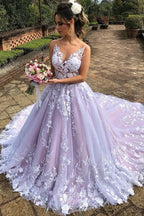 Elegant A-line V Neck Lace Open Back Long Prom Formal Evening Dresses by BIZTUNNEL