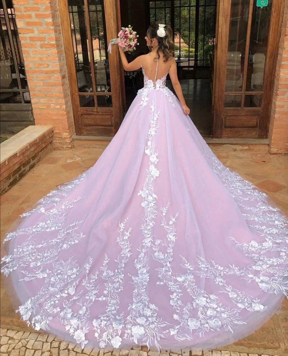 Elegant A-line V Neck Lace Open Back Long Prom Formal Evening Dresses by BIZTUNNEL