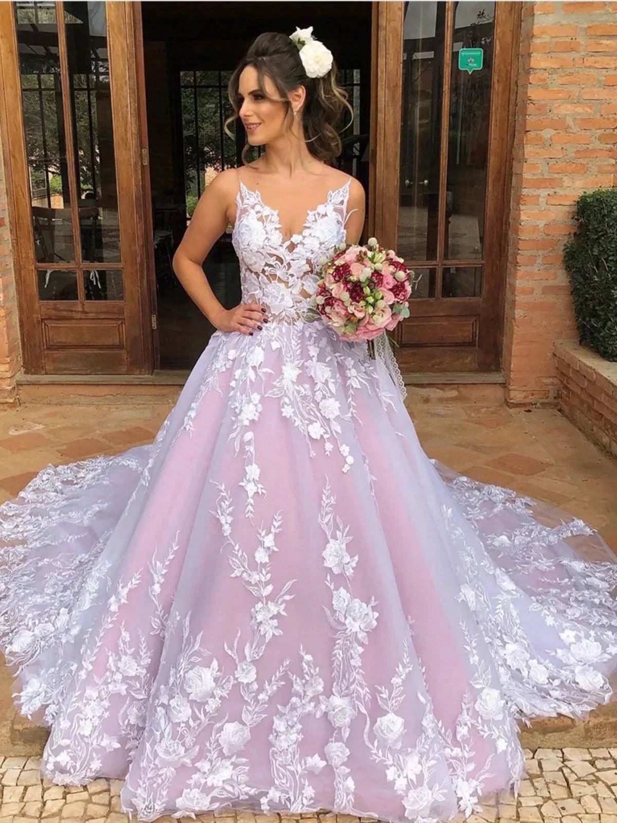 Elegant A-line V Neck Lace Open Back Long Prom Formal Evening Dresses by BIZTUNNEL