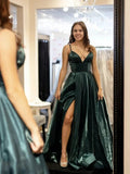 Elegant A-line V Neck Long Graduation Prom Dresses with High Slit by BIZTUNNEL
