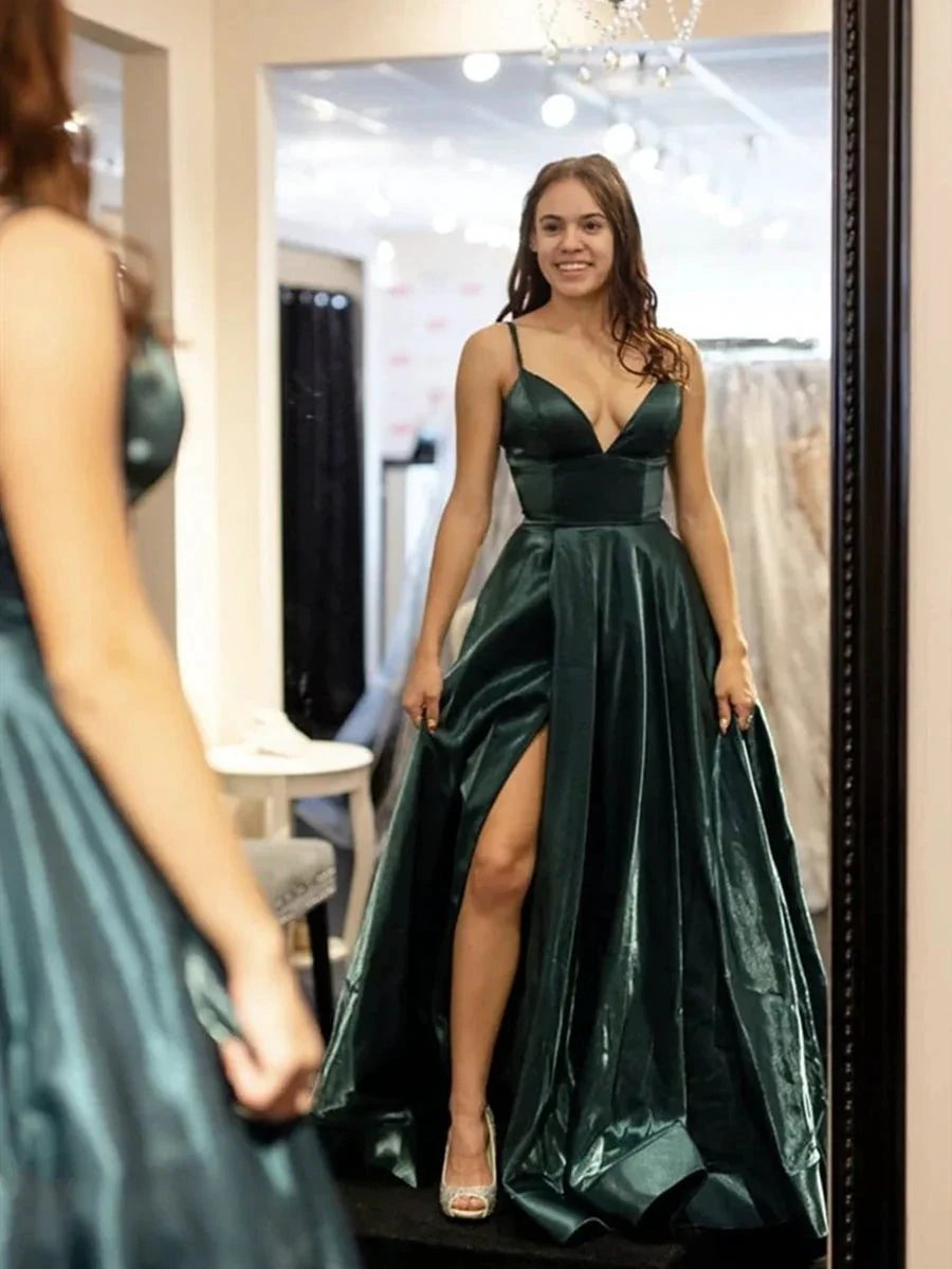 Elegant A-line V Neck Long Graduation Prom Dresses with High Slit by BIZTUNNEL