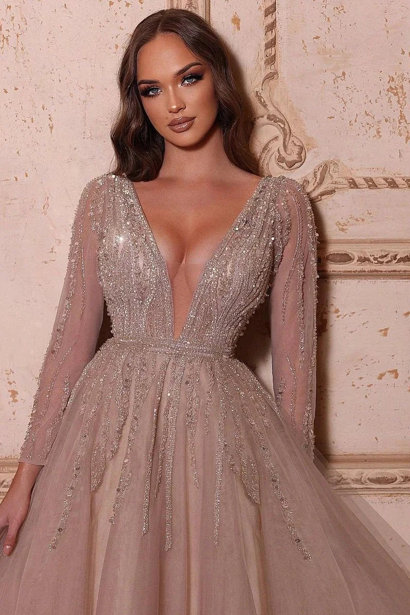 Elegant A-line V-neck Long Sleeves Beading Prom Dress by misshow.com