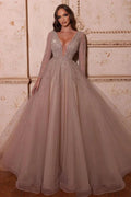 Elegant A-line V-neck Long Sleeves Beading Prom Dress by misshow.com