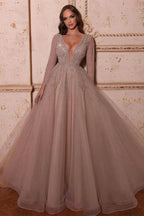 Elegant A-line V-neck Long Sleeves Beading Prom Dress by misshow.com