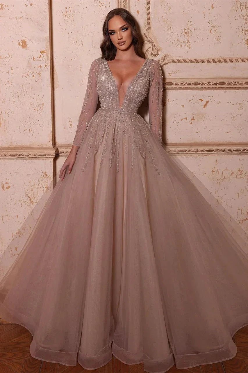 Elegant A-line V-neck Long Sleeves Beading Prom Dress by misshow.com