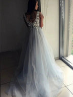 Elegant A-line V Neck Open Back Lace Appliques Long Formal Prom Dresses by BIZTUNNEL