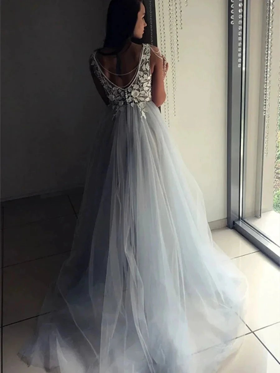 Elegant A-line V Neck Open Back Lace Appliques Long Formal Prom Dresses by BIZTUNNEL