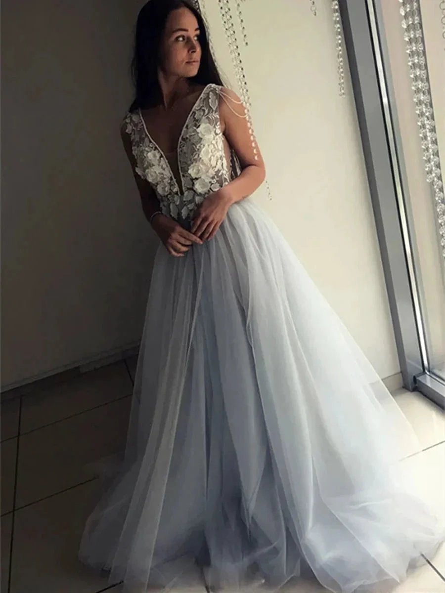 Elegant A-line V Neck Open Back Lace Appliques Long Formal Prom Dresses by BIZTUNNEL